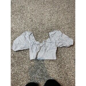 Leith Blouse Womens Small White Blue Stripe Linen Puff Sleeve Crop Top Bow Front